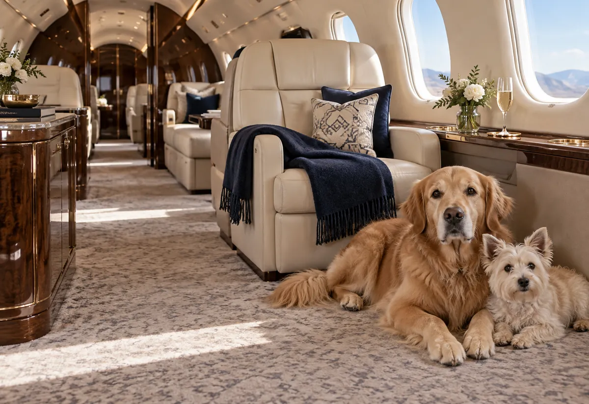 Two dogs relaxing in a private jet cabin