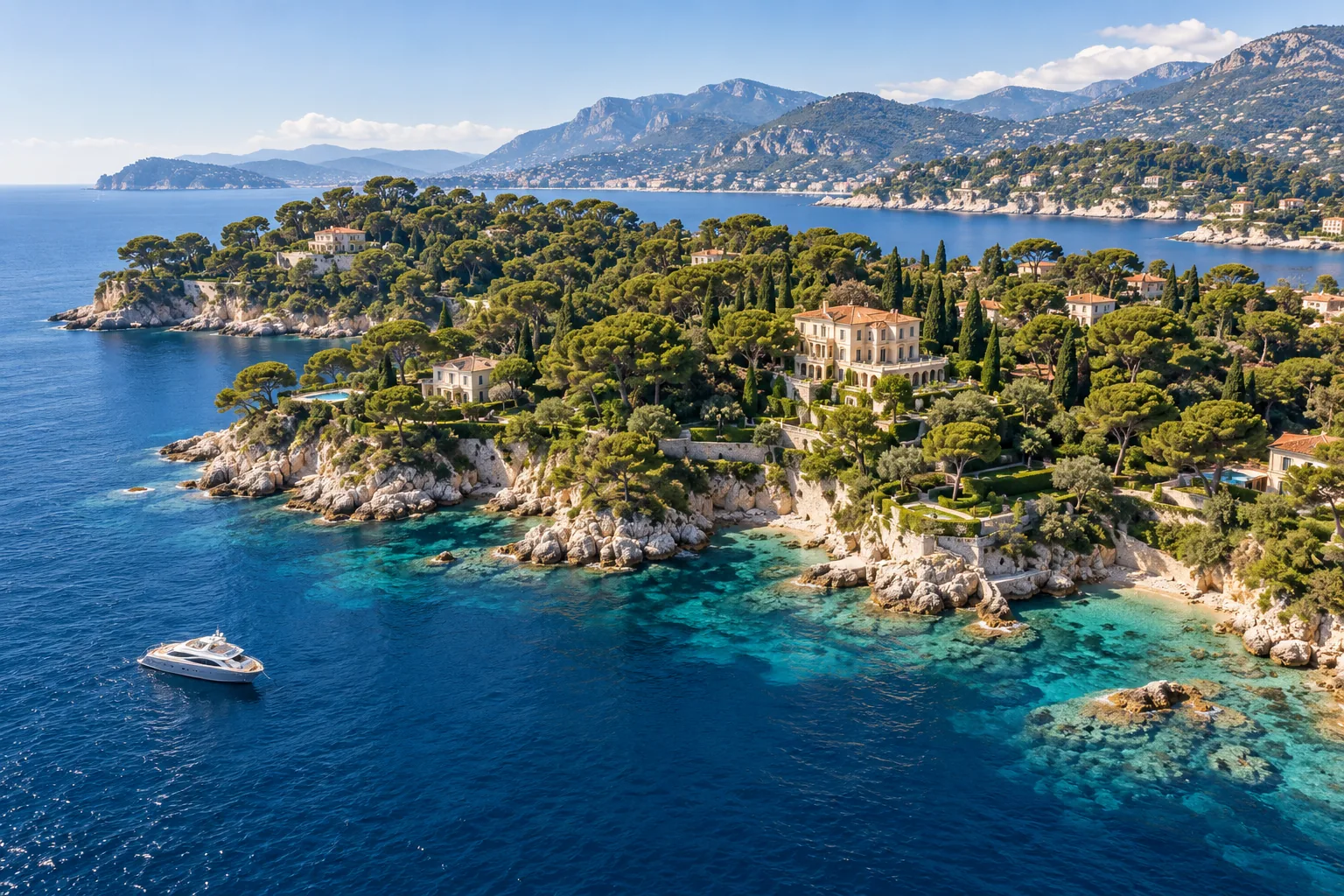 AI illustration of a French Riviera headland with coastal villas and turquoise coves