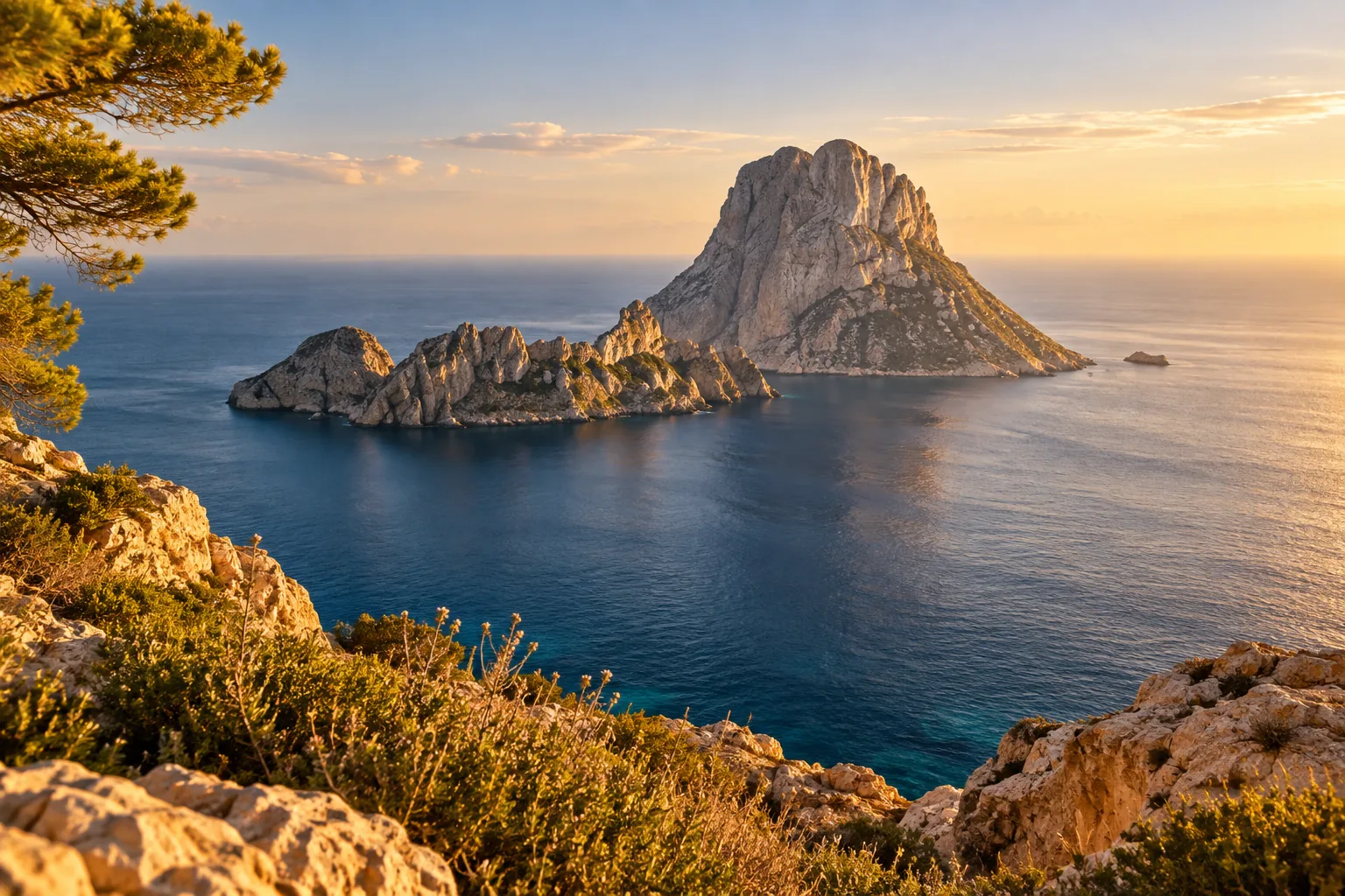 AI illustration of rocky islands off Ibiza in warm evening ligh