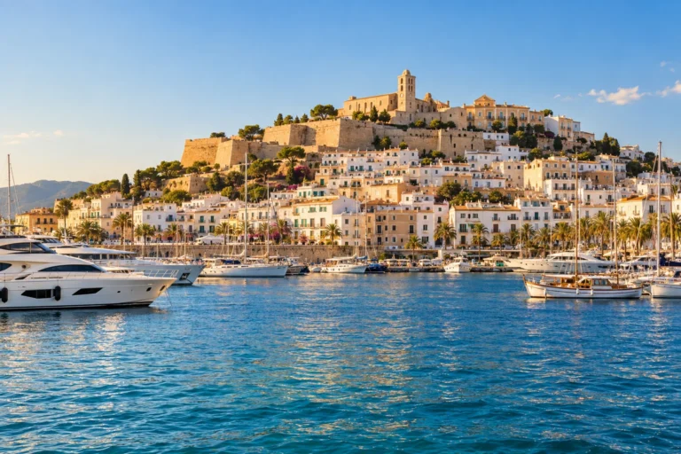 AI illustration of Ibiza’s hilltop old town overlooking a harbour with yachts.
