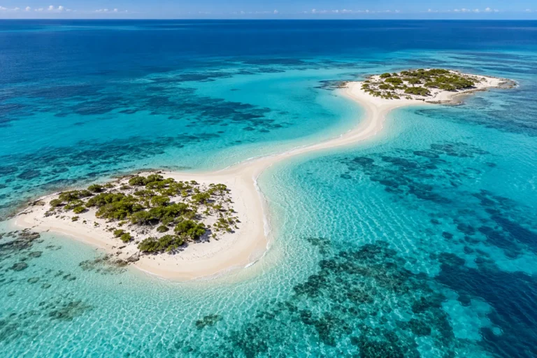 AI illustration of a white sandbar connecting two small islands in turquoise Caribbean water.